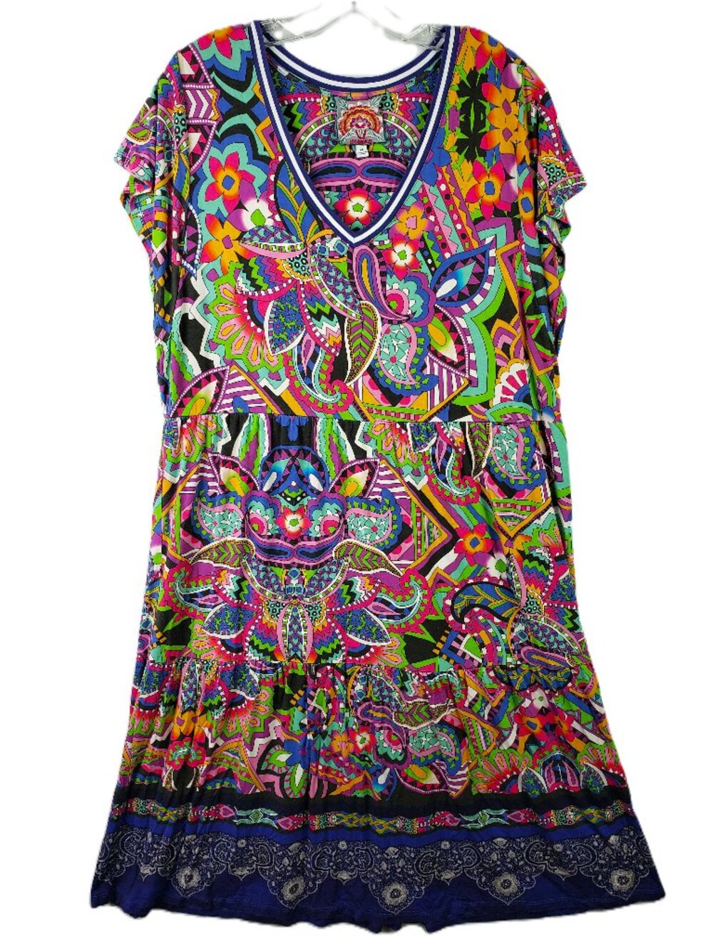 JOHNNY WAS Janie Dress Favorite Tiered Tea Length Demarne Print Colorful size XL